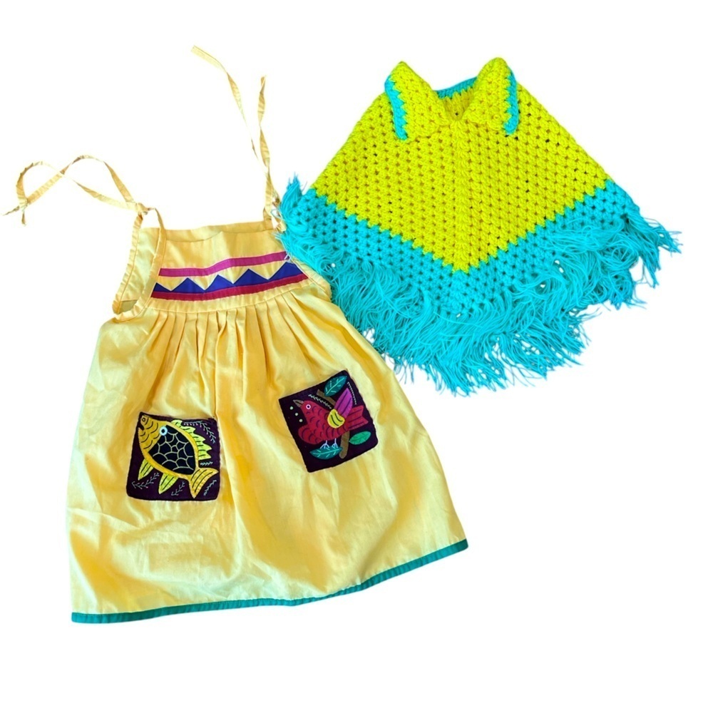 Yellow tunic Dress with Fish Pockets and Crochet Poncho two piece